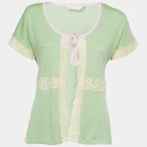 Valentino Green Cashmere Blend Lace Trimmed Short Sleeve Cardigan M