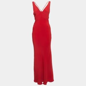 Valentino Red Crepe V-Neck Detailed Sleeveless Maxi Dress M