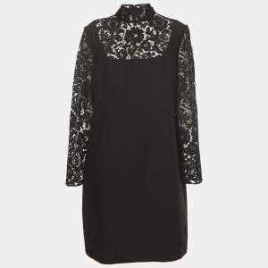 Pre Owned Valentino Black Wool Blend Lace Trimmed Turtle Neck Mini Dress XL