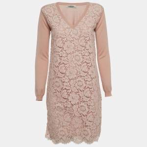 Valentino Pale Pink Floral Lace & Wool Knit Long Sleeve Dress S