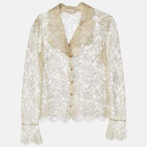 Pre Owned Valentino Gold Floral Lace Buttoned Lace Blouse M