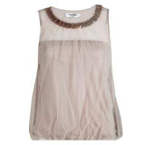 Pre Owned Valentino Beige Embellished Neck Detail Mesh Overlay Sleeveless Top S