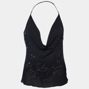 Valentino Black Silk Floral Embellished Camisole Top M