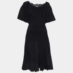 Pre Owned Valentino Garavani Black Knit Lace Trimmed Midi Dress S