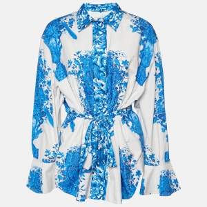 Valentino White Bluegrace Print Poplin Neck Tie-Up Shirt L