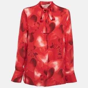 Pre Owned Valentino Red Heart Print Silk Neck Tie Shirt L