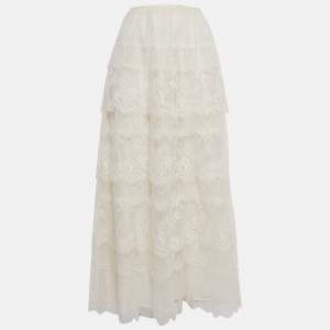 Valentino White Patterned Lace Tiered Midi Skirt L