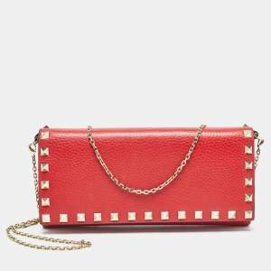 Valentino Red Leather Rockstud Flap Wallet on Chain