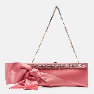 Valentino Pink Satin Crystal Embellished Bow Chain Clutch