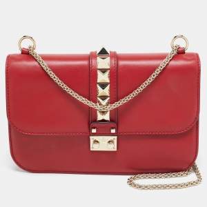 Pre Owned Valentino Red Leather Medium Rockstud Glam Lock Flap Bag