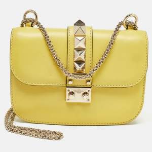 Pre Owned Valentino Yellow Leather Small Rockstud Glam Lock Flap Bag
