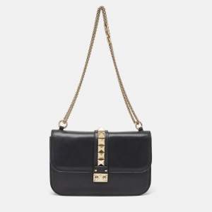 Pre Owned Valentino Black Leather Medium Rockstud Glam Lock Flap Bag