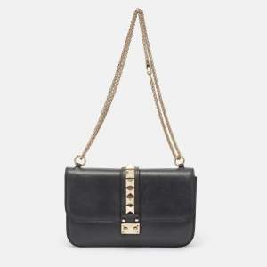 Pre Owned Valentino Black Leather Medium Rockstud Glam Lock Flap Bag