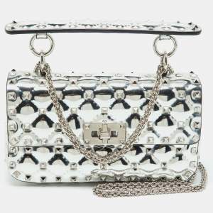 Valentino Silver Quilted Patent Leather Small Rockstud Spike Chain Top Handle Bag