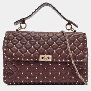 Valentino Burgundy Leather Large Rockstud Spike Top Handle Bag