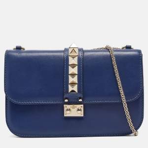 Pre Owned Valentino Blue Leather Medium Rockstud Glam Lock Flap Bag