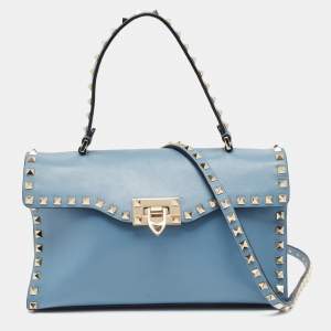 Valentino Light Blue Leather Rockstud Flap Top Handle Bag