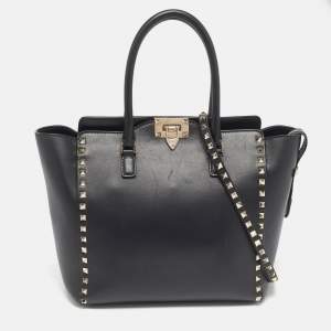 Valentino Black Leather Medium Rockstud Tote