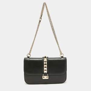 Pre Owned Valentino Black Leather Medium Rockstud Glam Lock Flap Bag
