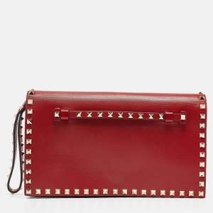 Valentino Red Leather Rockstud Flap Wristlet Clutch