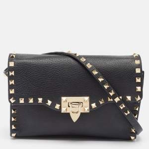 Valentino Black Leather Rockstud Flap Crossbody Bag