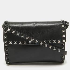 Valentino Black Leather Rockstud Flap Crossbody Bag