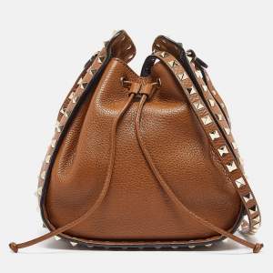 Valentino Brown Leather Rockstud Drawstring Bucket Crossbody Bag