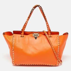 Valentino Neon Orange Leather Medium Rockstud Trapeze Tote