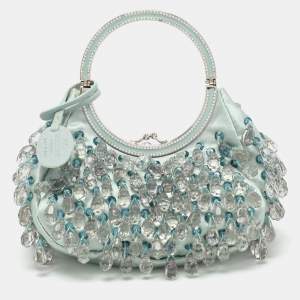 Valentino Blue Satin Embellished Raindrop Evening Satchel