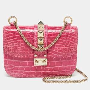 Valentino Pink Crocodile Small Glam Lock Shoulder Bag