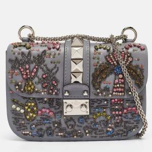 Valentino Grey Leather Small Crystal Embellished Rockstud Glam Lock Flap Bag