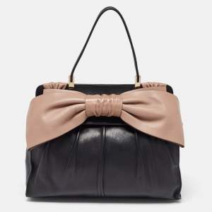 Pre Owned Valentino Black/Taupe Leather Aphrodite Bow Top Handle Bag