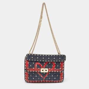 Valentino Blue/Red Quilted Leather Medium Rockstud Spike Heart Top Handle Bag