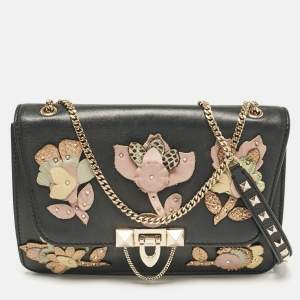 Valentino Black Leather Floral Demilune Shoulder Bag