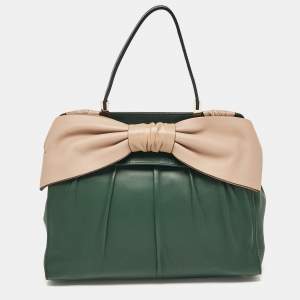 Valentino Green/Beige Leather Aphrodite Bow Top Handle Bag