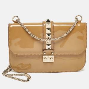 Pre Owned Valentino Beige Patent Leather Medium Rockstud Glam Lock Shoulder Bag