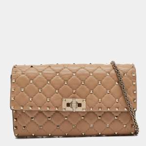 Valentino Beige Quilted Leather Rockstud Spike Flap Chain Clutch