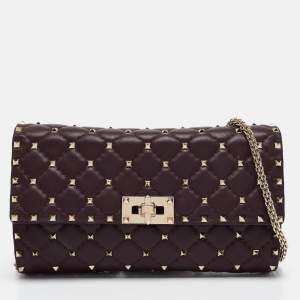 Valentino Burgundy Leather Rockstud Spike Chain Clutch