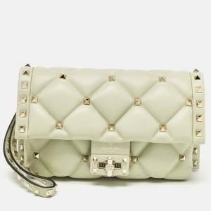 Valentino Mint Green Quilted Leather Candystud Wristlet Clutch