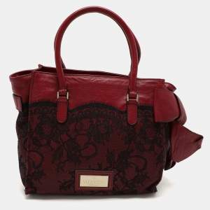 Valentino Dark Red/Black Leather and Lace Bow Tote