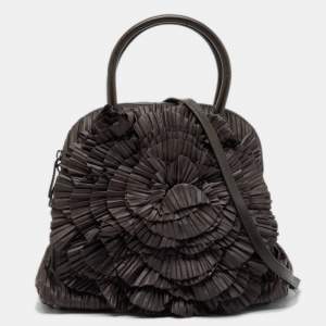 Valentino Dark Grey Leather Pleated Petale Rose Dome Bag