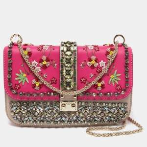 Valentino Pink/Beige Leather Medium Embellished Glam Lock Flap Bag