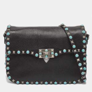 Valentino Black Leather Guitar Rockstud Rolling Crossbody Bag