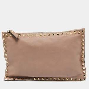 Valentino Beige Leather Rockstud Zip Pouch Clutch