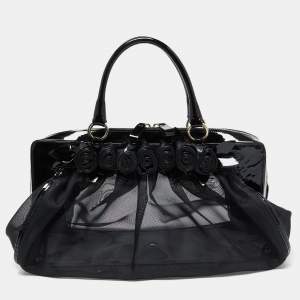 Valentino Black Mesh and Patent Leather Petale Rose Dome Satchel