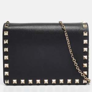 Valentino Black Leather Rockstud Flap Chain Clutch