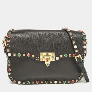 Pre Owned Valentino Black Leather Rolling Rockstud Shoulder Bag