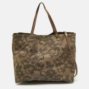 Pre Owned Valentino Beige Lace Print Coated Canvas Shopper Tote