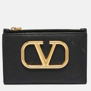 Valentino Black Leather V-Logo Signature Compact Wallet