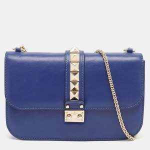 Valentino Blue Leather Medium Glam Lock Chain Shoulder Bag